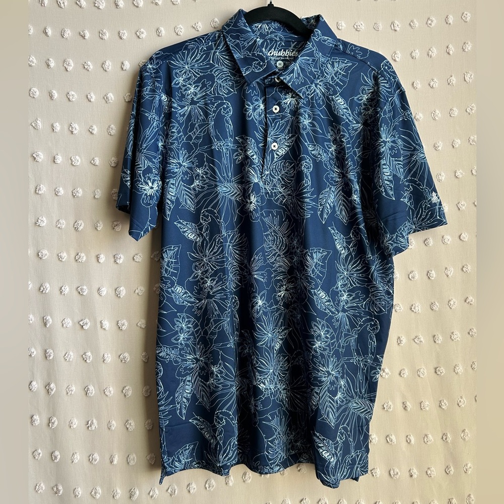 Chubbies Men’s Tropical Floral Hawaiian Short Sleeve Polo Sz M Navy Blue